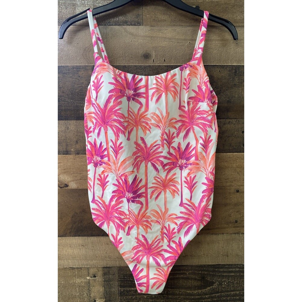 Shade and Shore Tropical Palm Print Pink Neon One Piece Sz L 12-14 NWOT